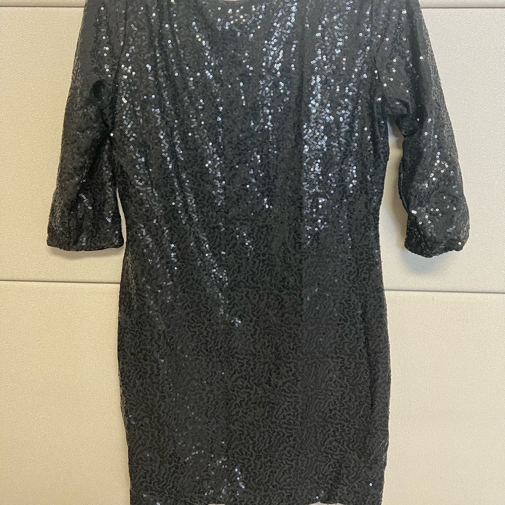 black milk clothing sparkle sparkle black sequin 3/4 sleeve scoop dress - Picture 4 of 7